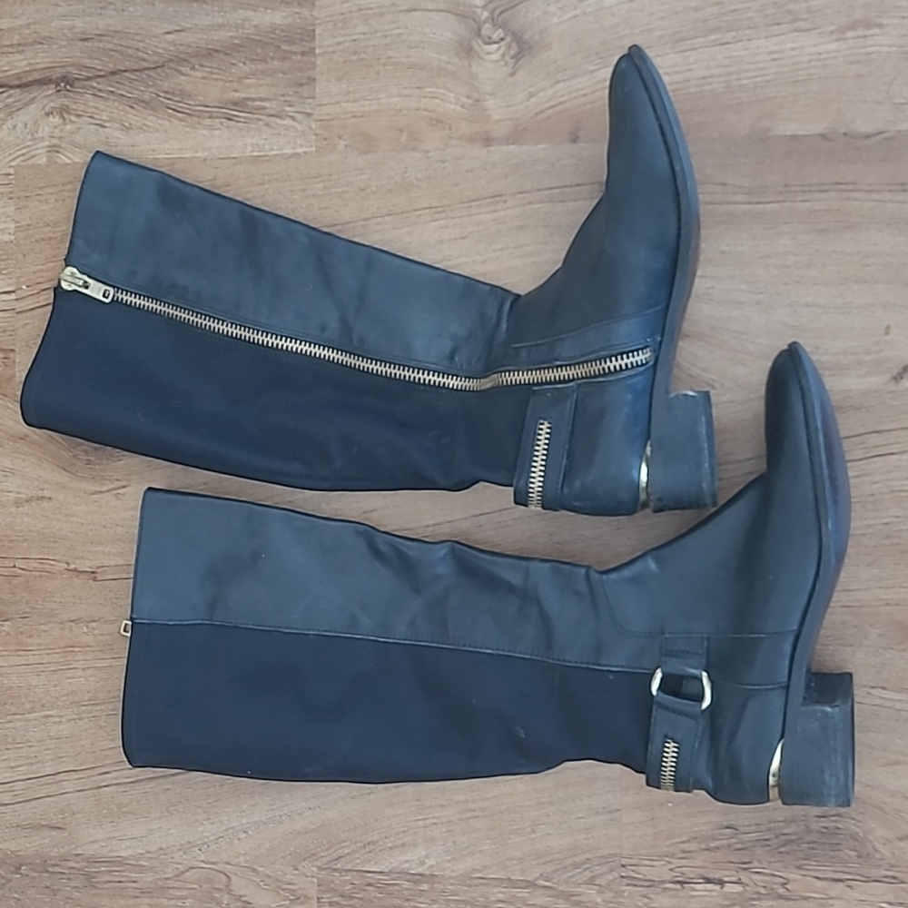 STEVE MADDEN RYPERR BLACK LEATHER BACK STRETCH RIDING BOOTS, SIZE 8.5M